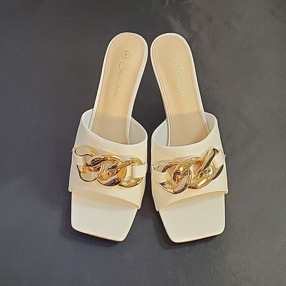 BRAND NEW SHOELAND SQUARE TOE SLIP-ON FOOT OPEN TOE GOLD CHAIN LINKING S… - Picture 4 of 16